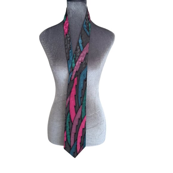 Robert Daskal Mens Silk Tie - Abstract Pattern In Pink Teal & Black - Picture 1 of 4